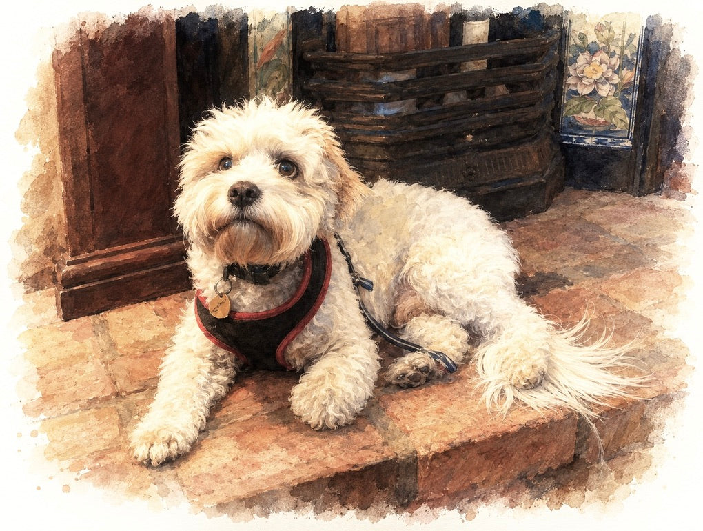 Watercolour-style artwork of a much-loved dog