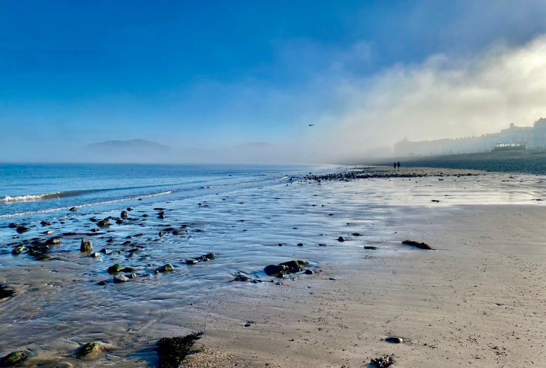 Original photograph of a quiet shore beneath a blue sky