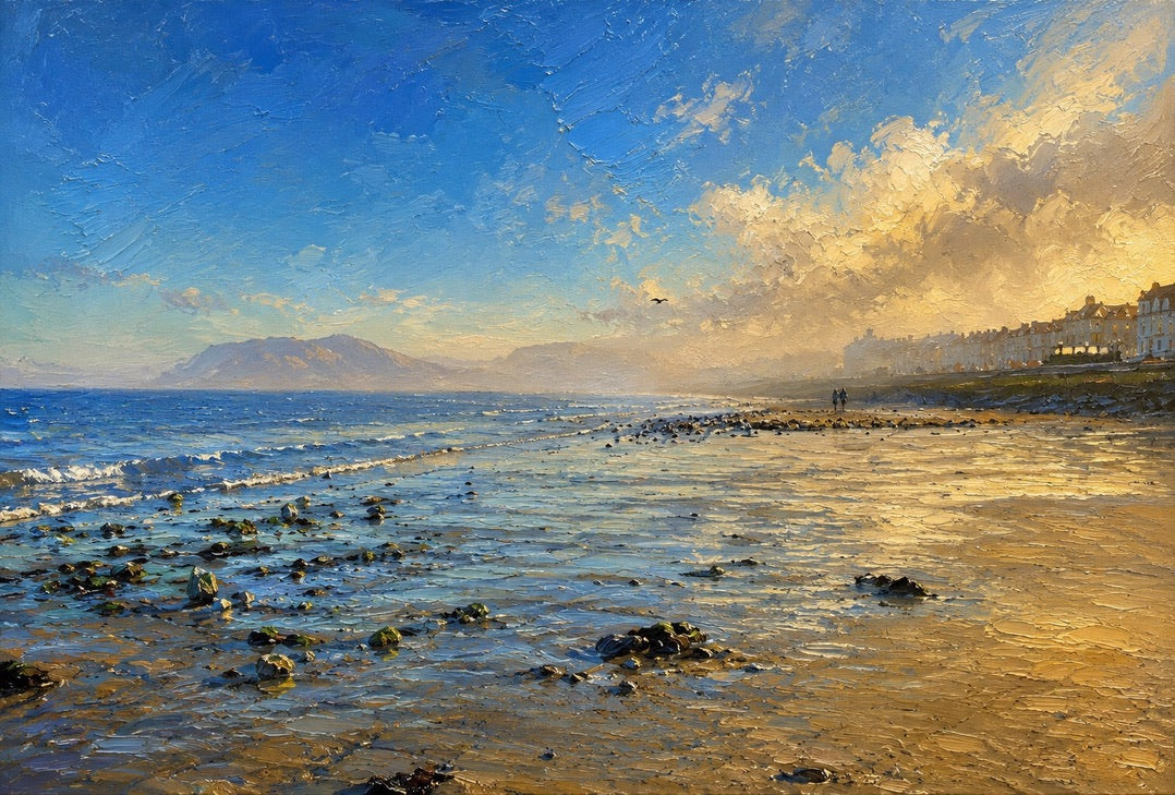 Painterly interpretation of the same coastline with warm golden light